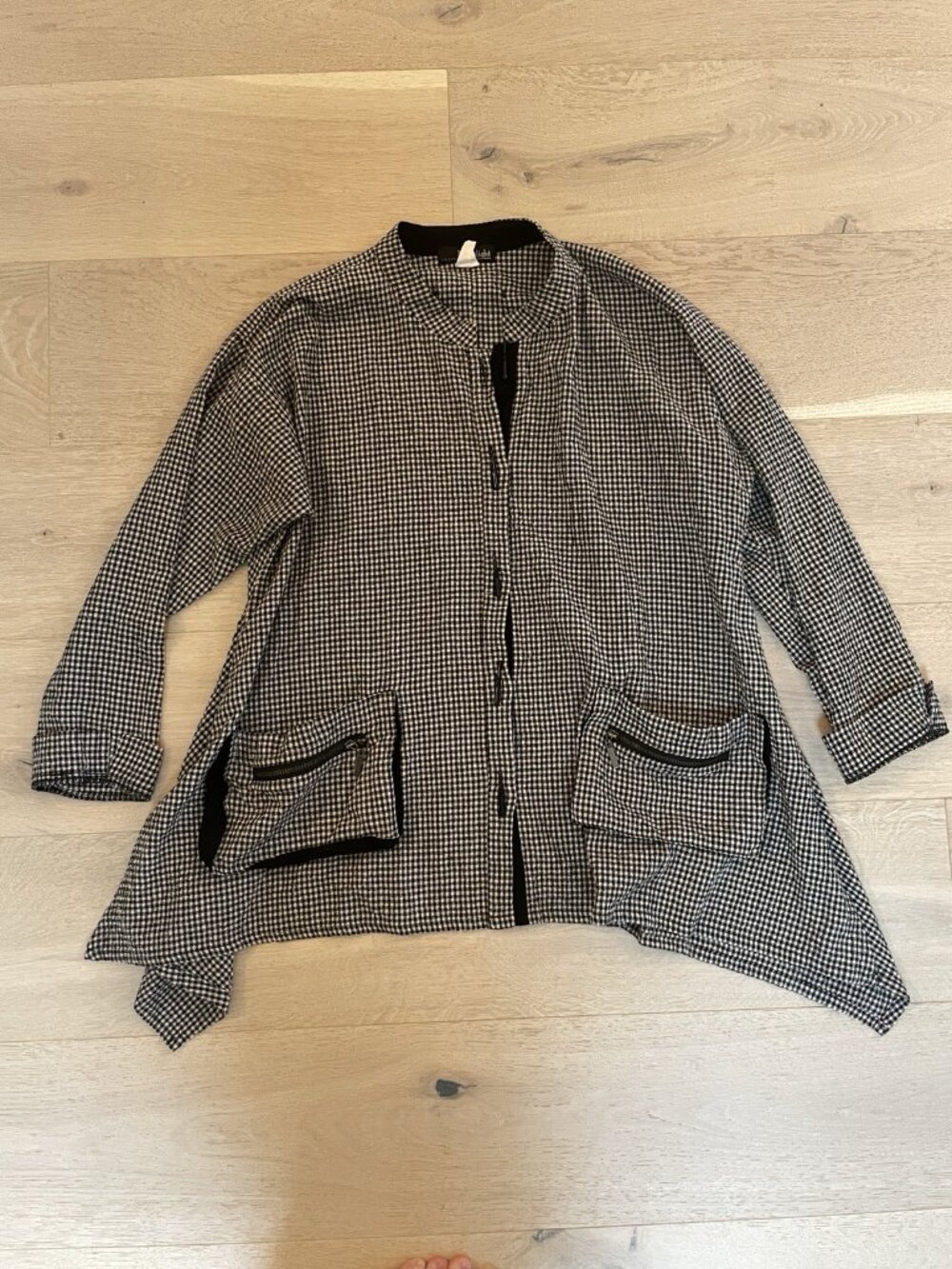 Vintage Lagenlook Black Gingham Top Artsy Blouse Lightweight Jacket Art to Wear - Picture 6 of 8